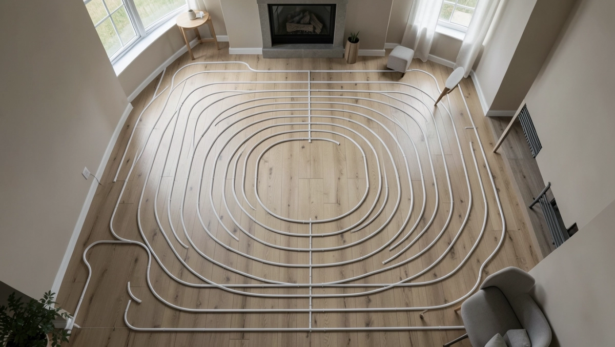 Salon 30 m2 ile pętli podłogówki